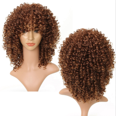 European and American Style Wig Head Cover African Afro Wig Small Volume Medium Length T Color Brown High-Temperature Fiber Synthetic Wigs