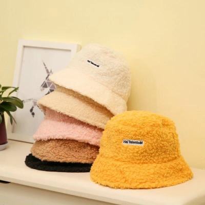 Hat Female Autumn and Winter Internet Celebrity Lamb Wool Bucket Hat Letter Embroidery Plush Bucket Hat Solid Color Ins Warm Small Brim Hat