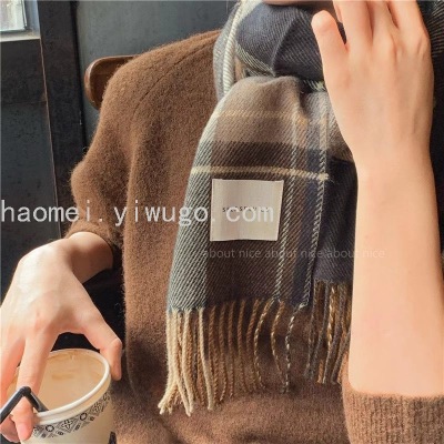 Retro Plaid Scarf Korean British-Style Cashmere Color Matching Tassel Scarf Women's Winter Thickened Shawl Warm Scarf