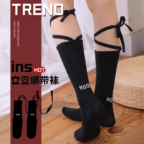 cross strap socks for women autumn and winter mid-calf length socks japanese and korean street trend long socks female online influencer black and white soft girl calf socks