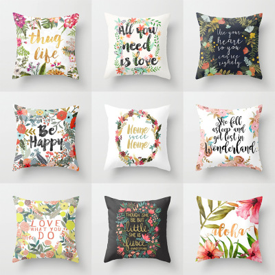 Korean Flowers Letters Printed Polyester Peach Skin Pillow Cover Amazon Cross-Border Sofa Home Cushion Throw Pillowcase