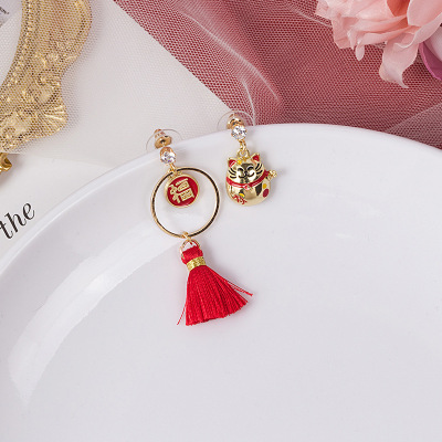 Silver Needle Red Xi Character Earrings Female Asymmetric Chinese Knot Ear Clips Fan Lantern Festive Tassel Earrings
