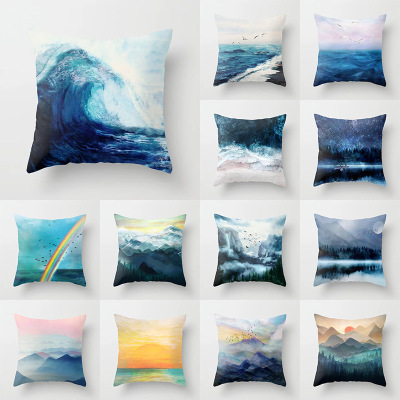 New Ocean Mountain Landscape Painting Pillow Cover Chinese Ink Painting Landscape Pattern Car Sofa Pillow Cushion Cover