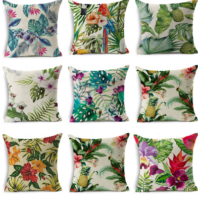 Exclusive for Cross-Border New Linen Tropical Flower Plant Flamingo Hibiscus Flower Pillow Cover Cushion Cover Amazon