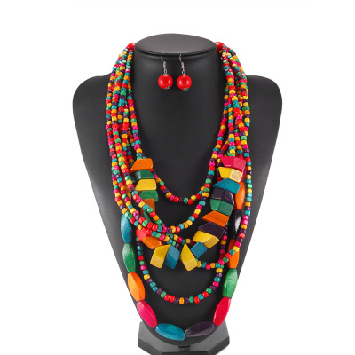 Bohemian Ethnic Style Tassel Necklace Set Colorful Wooden Necklace African Style Necklace Sweater Chain