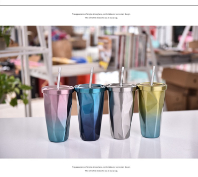 Hot Selling Gradient Color Cup Diamond-Shaped Thermos Cup with Straw Stainless Steel Double-Layer Cups Customized Promotion Wide