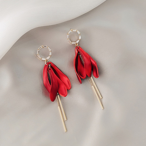 korean temperament red new style petal earrings s925 silver needle long tassel zircon earrings online celebrity personalized earrings
