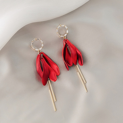 Korean-Style Red New Style Petal Earrings Sterling Silver Needle Long Fringed Zircon Earrings Internet Influencer Personalized Earrings