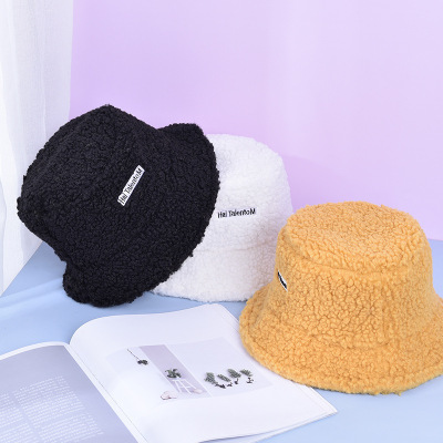 Hat Women's Autumn and Winter Plush Korean Version Sweet Cute AllMatch Letters Solid Color Lambswool Bucket Hat Tide