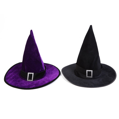 Hot Selling Halloween Ball Party Hat Witch Hat Wizard's Hat Solid Color with Buckle Witch Pointed Hat Wholesale