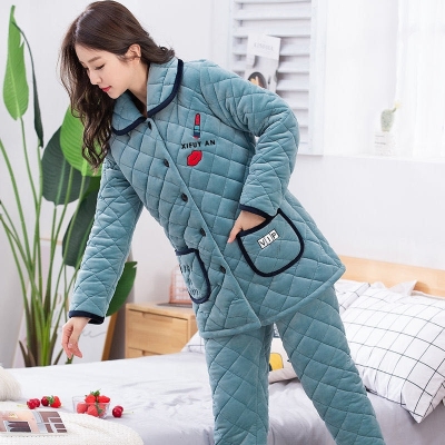 Women's Pajamas Winter Three-Layer Thick Coral Fleece Cotton Padded Jacket Korean Cute Warm with Velvet Ladies Home Leisure Suit