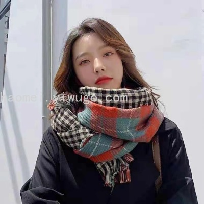 New Artificial Cashmere Scarf Plaid Houndstooth Double-Sided Cashmere Autumn and Winter Shawl Scarf Dual-Purpose