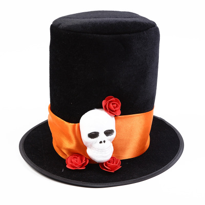 Factory Direct Sales Carnival Halloween Uniform Game Clothes a Tall Hat Velvet Skull Rose Flower Magic Hat Witch Hat