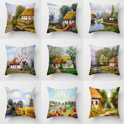 Cross-Border New Arrival American Country Oil Painting Landscape Pillow Cover Sofa Cushion Car and Office Throw Pillowcase Wholesale