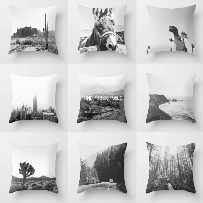 Retro Black and White Landscape Peach Skin Fabric Pillow Cover Home Sofa Ornament Pillow Cushion Cover Wholesale Customization