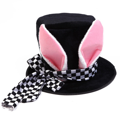 Easter Black and White Square Bow Ribbon Plush Rabbit Ears a Tall Hat Ball Dress up Props Bunny Girl a Tall Hat