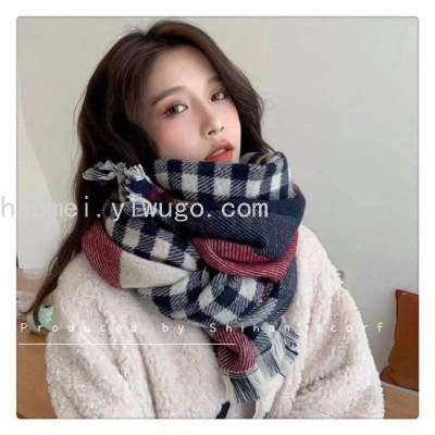 Korean Style Autumn and Winter Cashmere-like Double-Sided Plaid Scarf for Students Winter Warm Thickened Bib Shawl