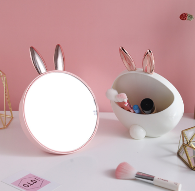 Creative Girlish Heart Rabbit Office Desktop Small Desktop round Makeup Mirror with Cosmetics Storage Box
