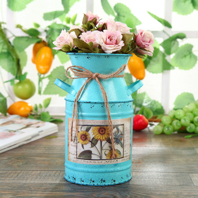 Factory Direct Sales Creative Milk Pot Shape Idyllic and Retro Flavor Style Handmade Flower Arrangement Iron Bucket Deco