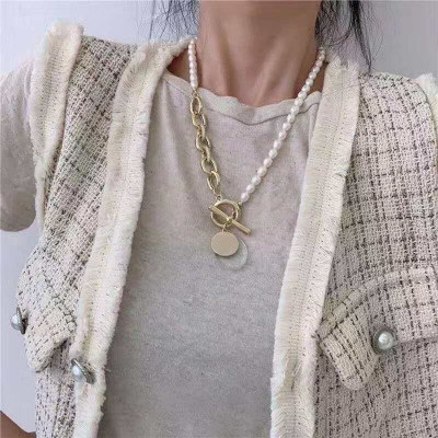 South Korea Dongdaemun Heavy Industry Metal Pearl Stitching OT Buckle Necklace Female Niche Necklace Temperament Thick Chain Sweater Chain