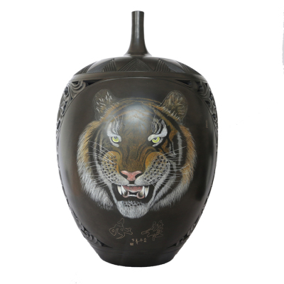 Xiongzhou Black Porcelain Crafts Handmade Tiger Head Bottle Amass Fortunes Decoration Can Be Customized