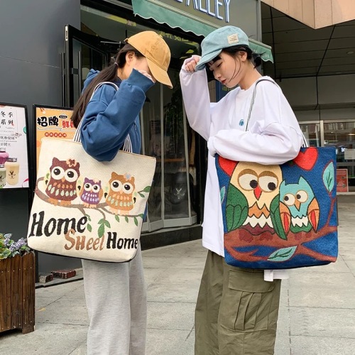 foreign trade new style embroidered ethnic style malaysian owl linen woven embroidered student shoulder bag women‘s handbag