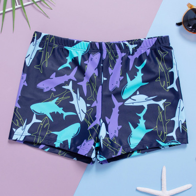 European and American Cartoon Swimsuit Elastic Purple Shark Print Swimsuit Korean Children's Swimming Trunks Foreign Trade