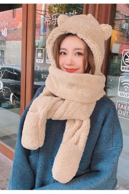 Bear Ear Hat Scarf Women's Winter Cute Scarf Gloves Three-Piece All-Matching Winter Warm
