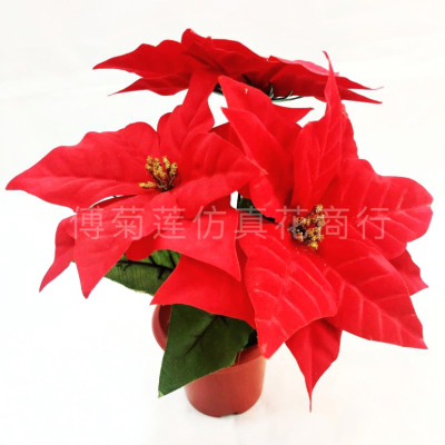 Flannel Christmas Flower 3 Heads Simulation Flower Pot Poinsettia Bunches Home Decoration Artificial Fake Flower Christmas Artificial Silk Flower