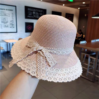 Hat Internet Popular Summer Lace Bow Beach Straw Hat Female Korean Style Fresh Holiday Summer Hat Sun Protection Sun Hat