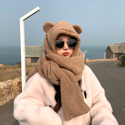 Women's Korean-Style Ear Bear Hat Scarf Winter Two-Piece Set Best-Seller on Douyin Cute Warm Trendy All-Matching Thickened