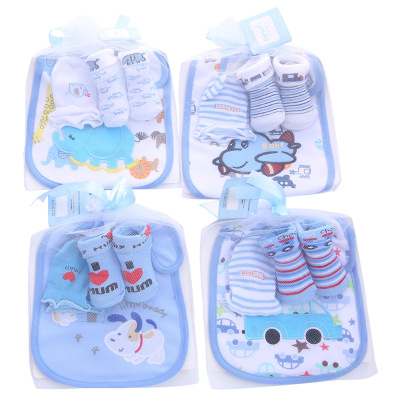 Foreign Trade Supply Pure Cotton Striped Baby Socks Letter Cartoon Cute Baby Socks Gloves Saliva Towel Set
