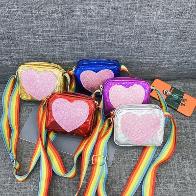 Autumn New Peach Heart Glossy Laser Shoulder Bag Korean Style Rainbow Ribbon Children's Shoulder Bag Little Girl Cross-Body Bag
