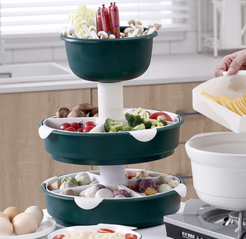 winter dinner multi-functional plastic three-level grid hot pot basket drain new rotating hot pot platter vegetable basket