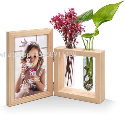 Wood Picture Frame and Plant Vase Combo, Double Sided Display Hinged Desktop Wooden Stand, Glass Planter Terrarium