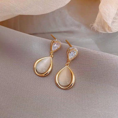 Sterling Silver Needle Opal Water Drop Earrings Female Trendy Fashion Joker Earrings Internet Influencer Temperamental Earrings