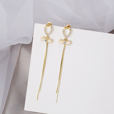 South Korea Dongdaemun Bow Opal Sterling Silver Needle All-Matching Fashion Trending Personality Trend Earrings Eardrops Women