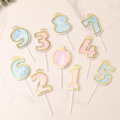 Factory Direct Sales Cake Decoration Creative Sequins Pink Blue 0-9 Digital Birthday Cake Plug-in Cake Inserting Card