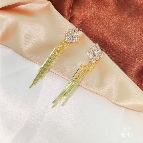 s925 silver needle korean temperament big earrings exaggerated personality long geometric diamond stud earrings tassel internet celebrity earrings