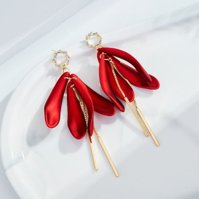 Rose Petals High Profile Large Earrings Sterling Silver Needle Long Graceful Online Influencer Tassel Earrings Red Female Earrings