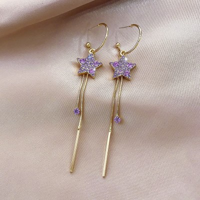 925 Silver Needle Purple Full Rhinestone Tassel Earrings Fashion New Star All-Match Earrings Ins Style Trending Earrings