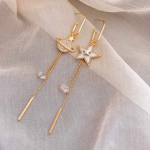 European and American Elegant Asymmetry Planet Earrings Personality Sterling Silver Needle Long Chain Tassel Earrings Earrings Female Earrings