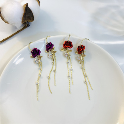 Rose Long Earrings New Purple Tassle Fashion Temperament Inlaid Zircon Earrings Red Super Fairy Internet Influencer Earrings