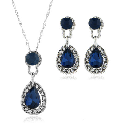 Europe and America Cross Border New Studs Necklace Set Combination Crystal Earrings Droplet Type Pendant Ornaments Two-Piece Set Wholesale