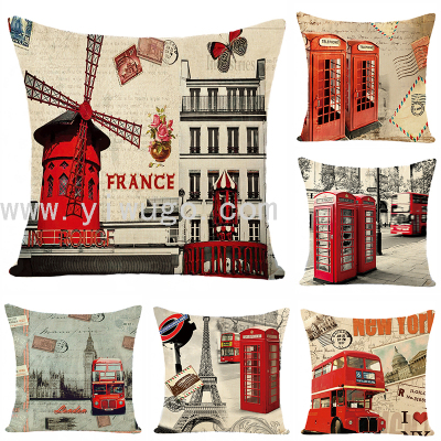 Cross-Border Hot Selling London Street View Linen Digital Printed Pillowcase Sofa Cushion Bedroom Bedside Cushion Wholesale