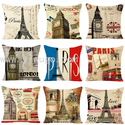 Cross-Border Hot Selling Architecture Tower British Style Pillow Cover Linen Sofa Cushion without Core Can Be Graphic Customization