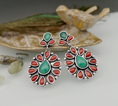 Rongyushi Luxury Flower Red Agate Turquoise Mixed Colored Gemstone Earrings European and American Retro Malachite High-Key Eardrop