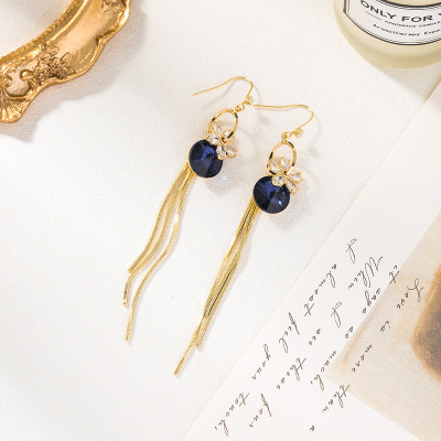 Blue Crystal Earrings Fashionable Long Tassel Earrings All-Match Ear Jewelry