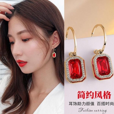 Sterling Silver Needle Micro Inlaid Zircon Rectangular Pendant Ear Chain Simple All-Match Fashion Valentine's Day Gift Korean Jewelry