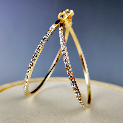 Rongyu Korean Style Fashion Diamond-Embedded Big Circle Earrings European and American Popular Exaggerated Earrings Douyin Online Influencer Diamond Earrings